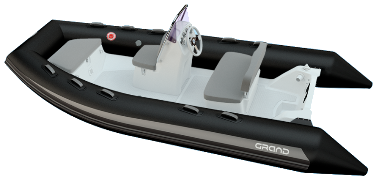 Black inflatable dinghy with gray seats and white console, shown in side view.