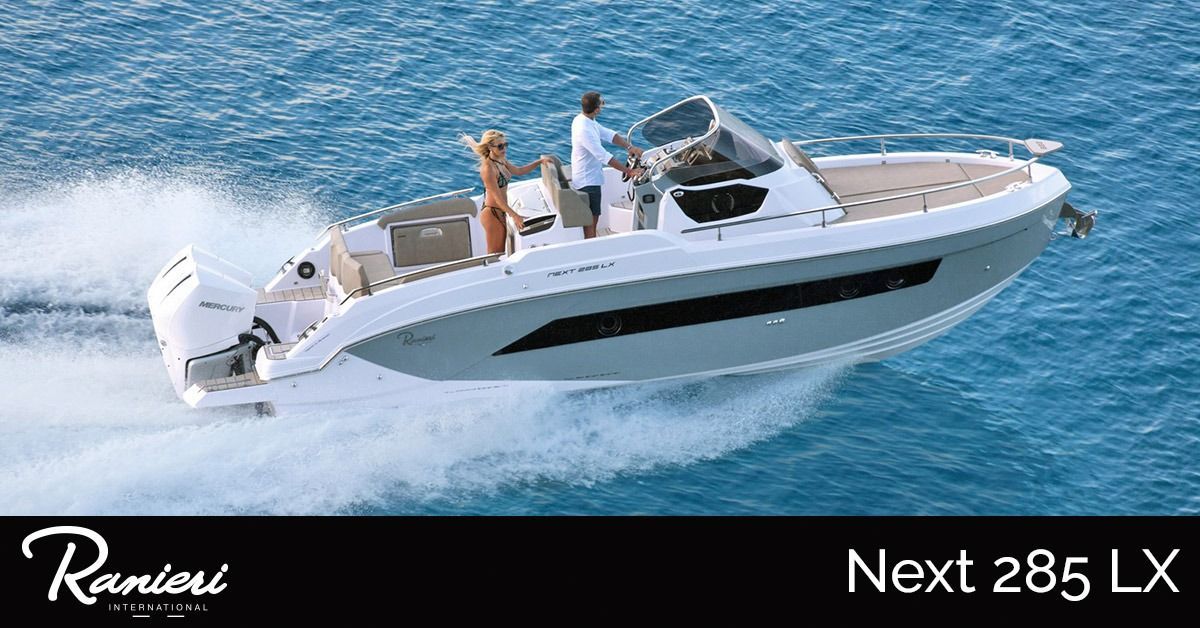 White motorboat speeding across blue water, labeled “Next 285 LX” and “Ranieri.”