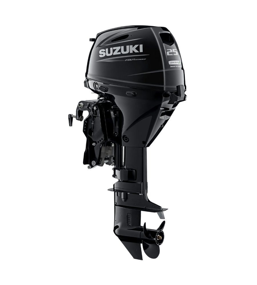 Black Suzuki outboard motor on a white background
