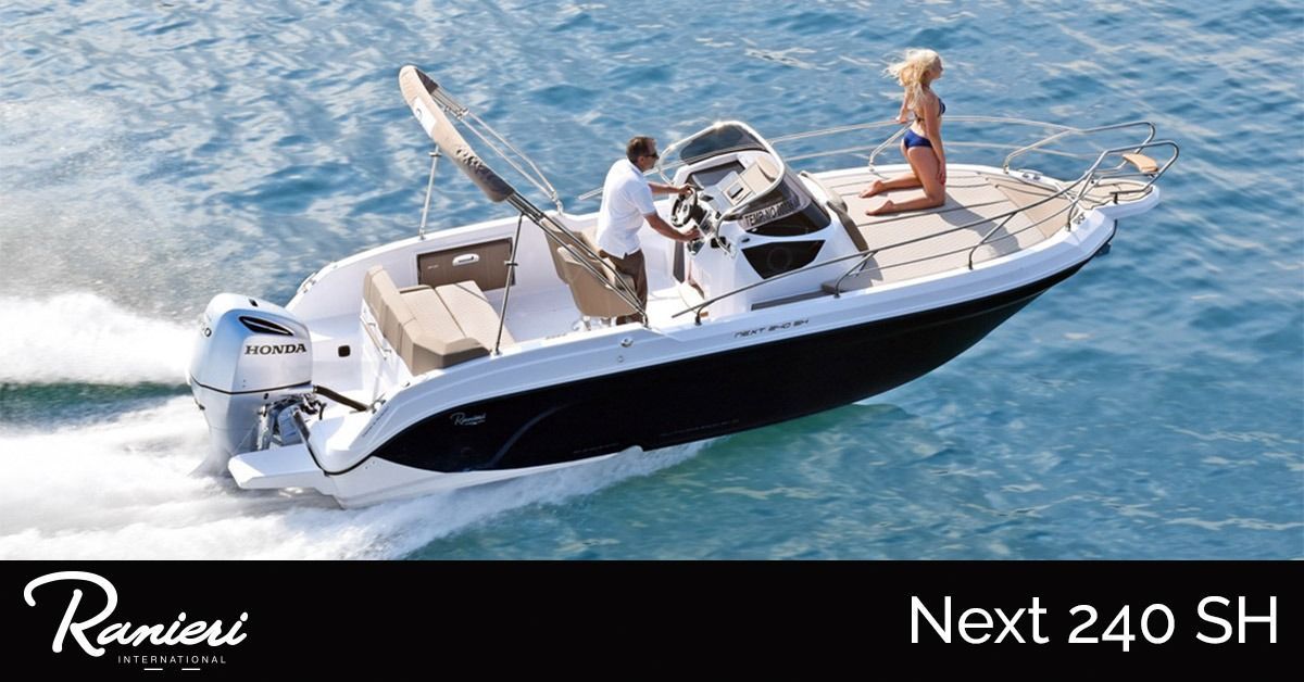 ranieri Next 240 SH speedboat cruising on blue water with a person onboard