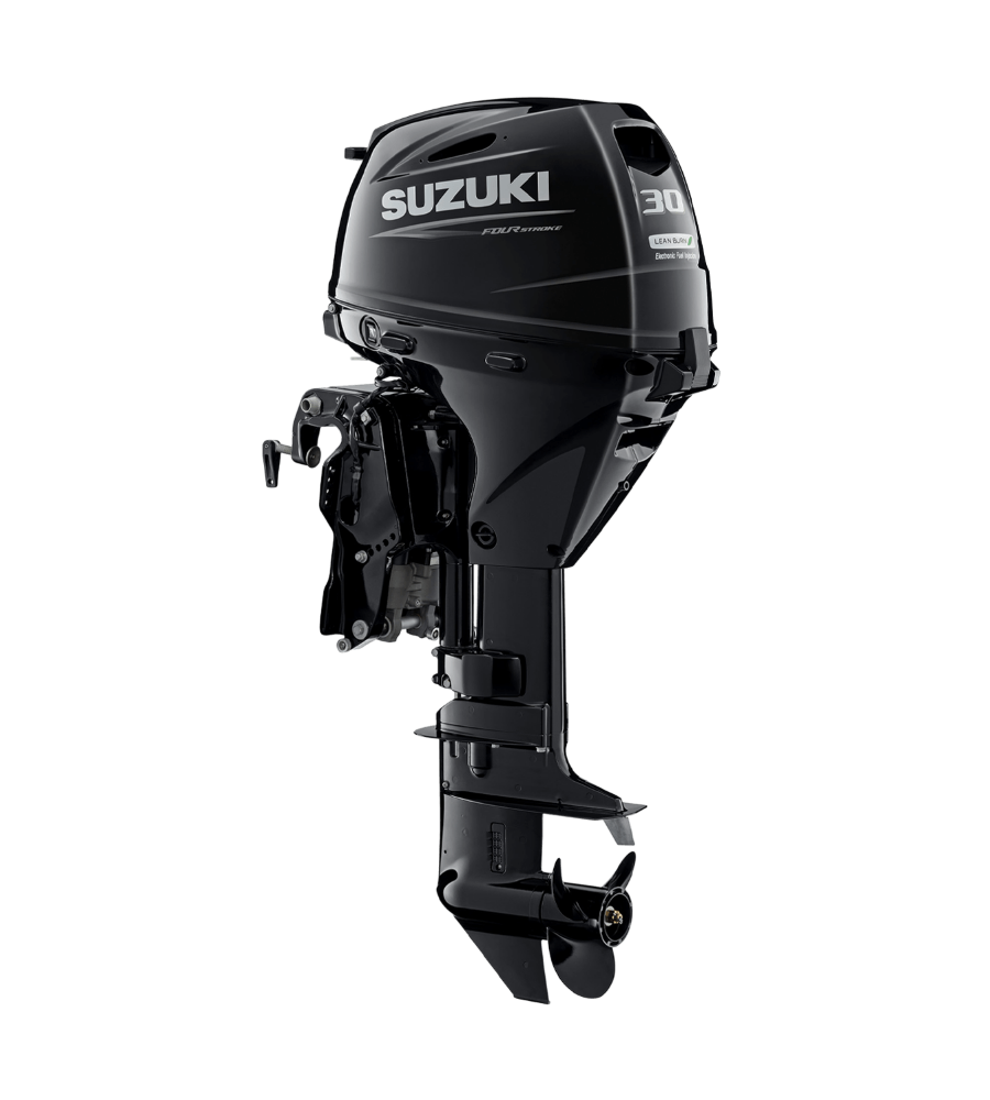 Black Suzuki outboard motor on white background
