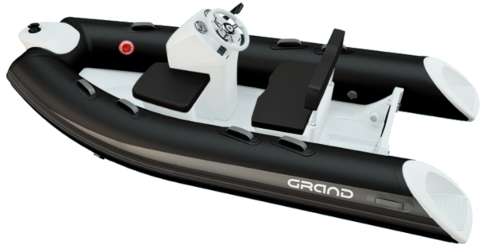 Black and white inflatable dinghy with seats and outboard motor on white background