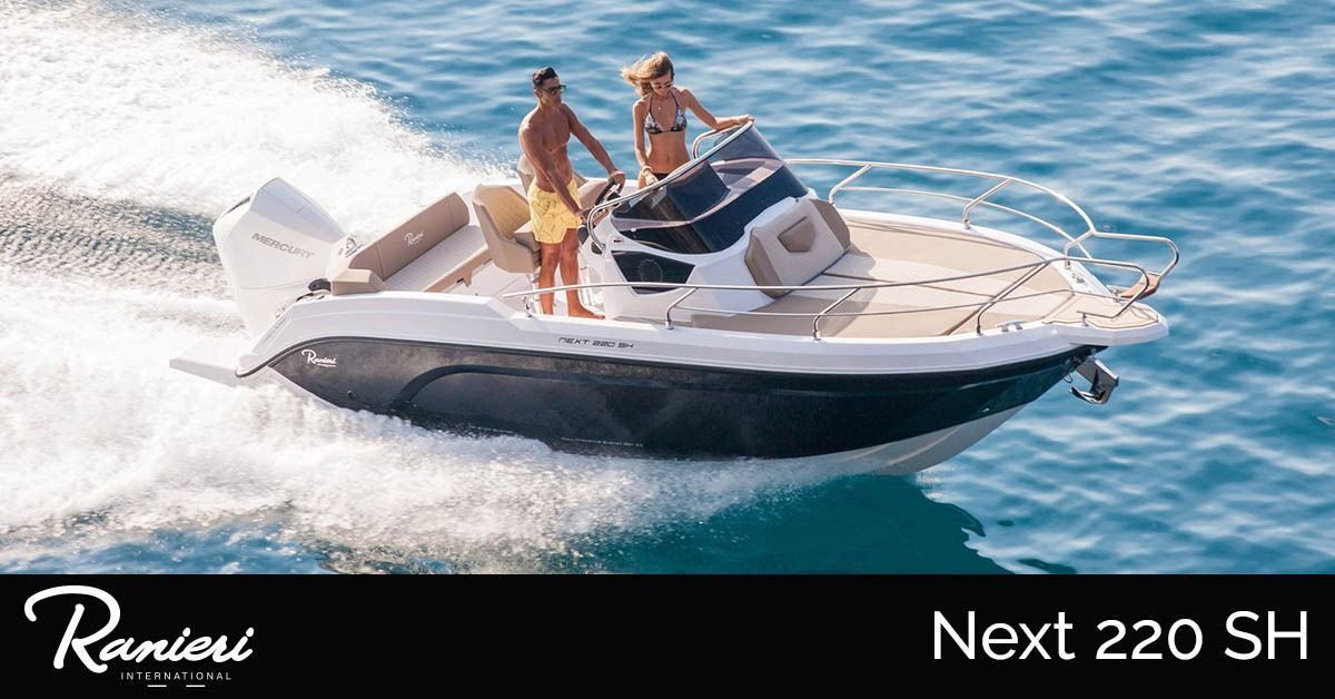 Luxury motorboat speeding on blue water, with two people on deck; labeled “Next 220 SH.”