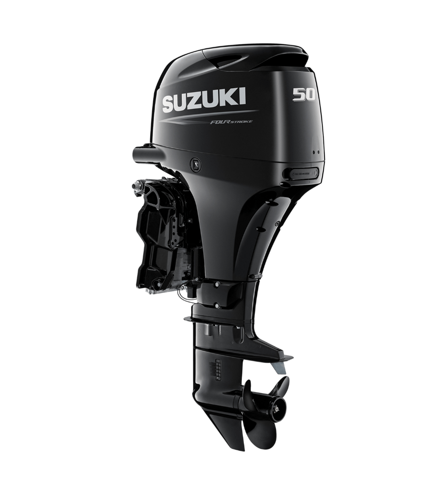Black Suzuki 50 outboard motor on a white background
