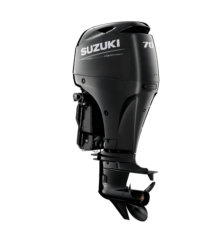 Black Suzuki 70 outboard motor isolated on a white background
