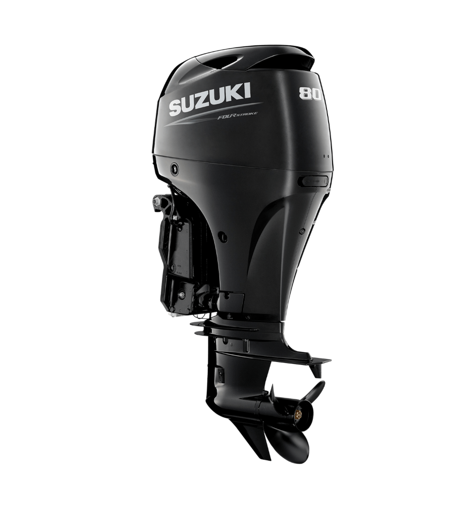 Black Suzuki outboard boat motor on white background