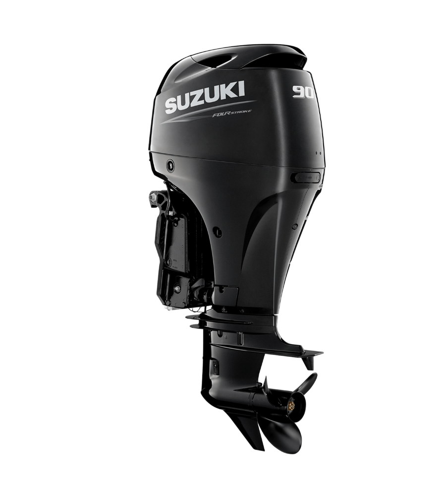 Black Suzuki outboard boat motor on a white background
