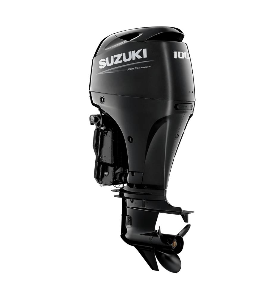 Black Suzuki 100 outboard boat motor on a white background