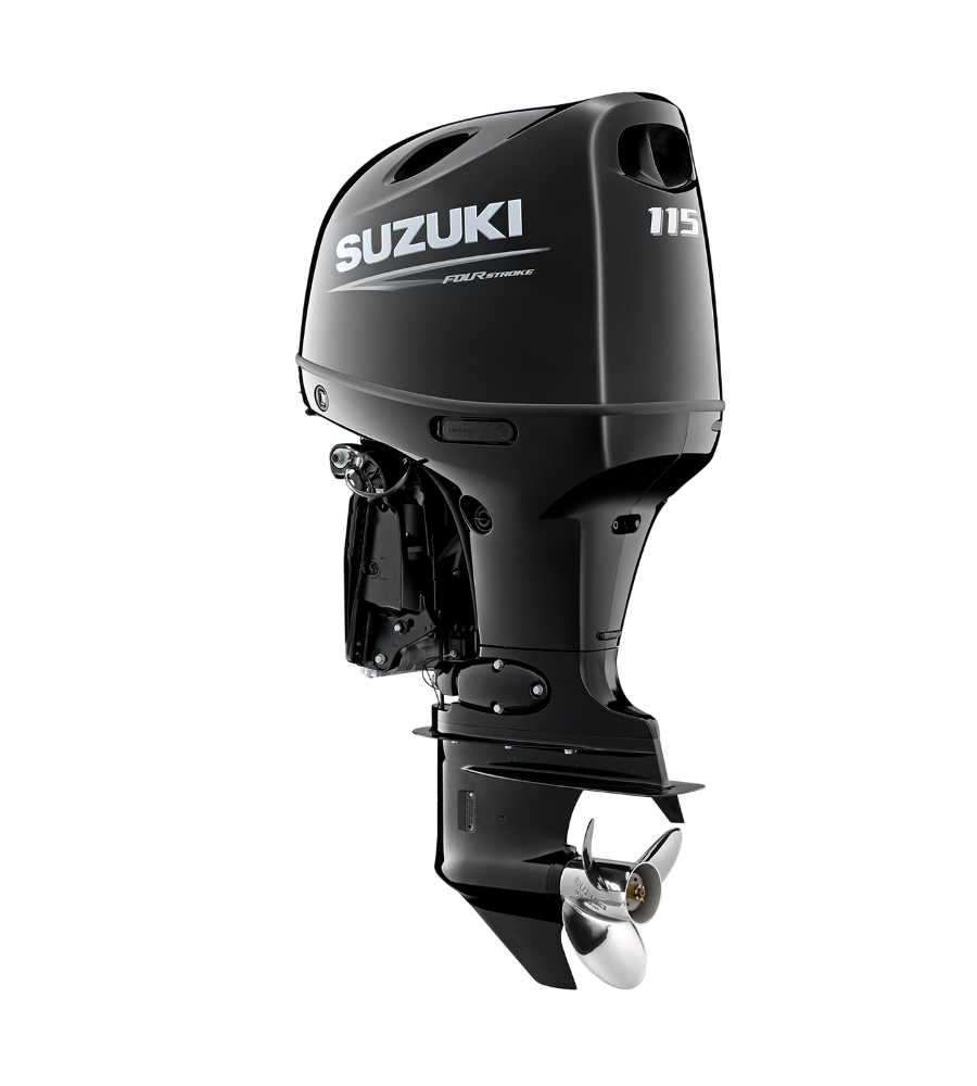 Black Suzuki 115 outboard boat motor isolated on white background
