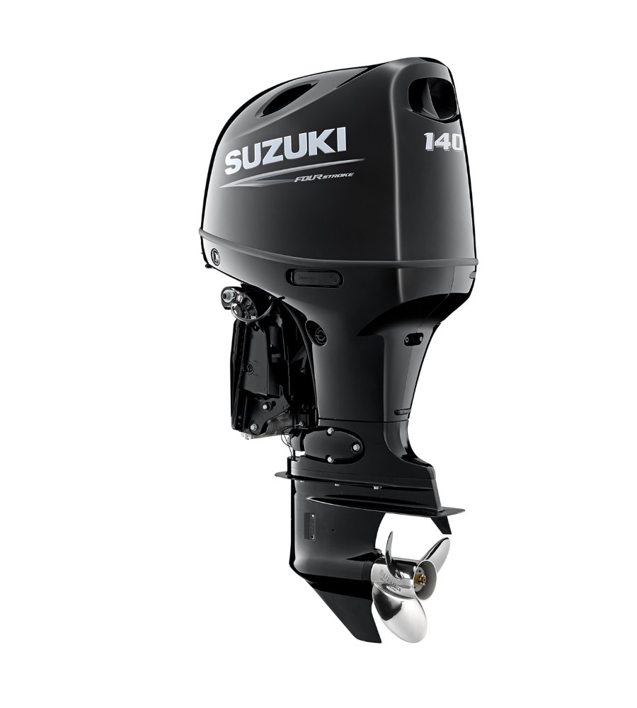 Black Suzuki 140 outboard boat motor on a white background
