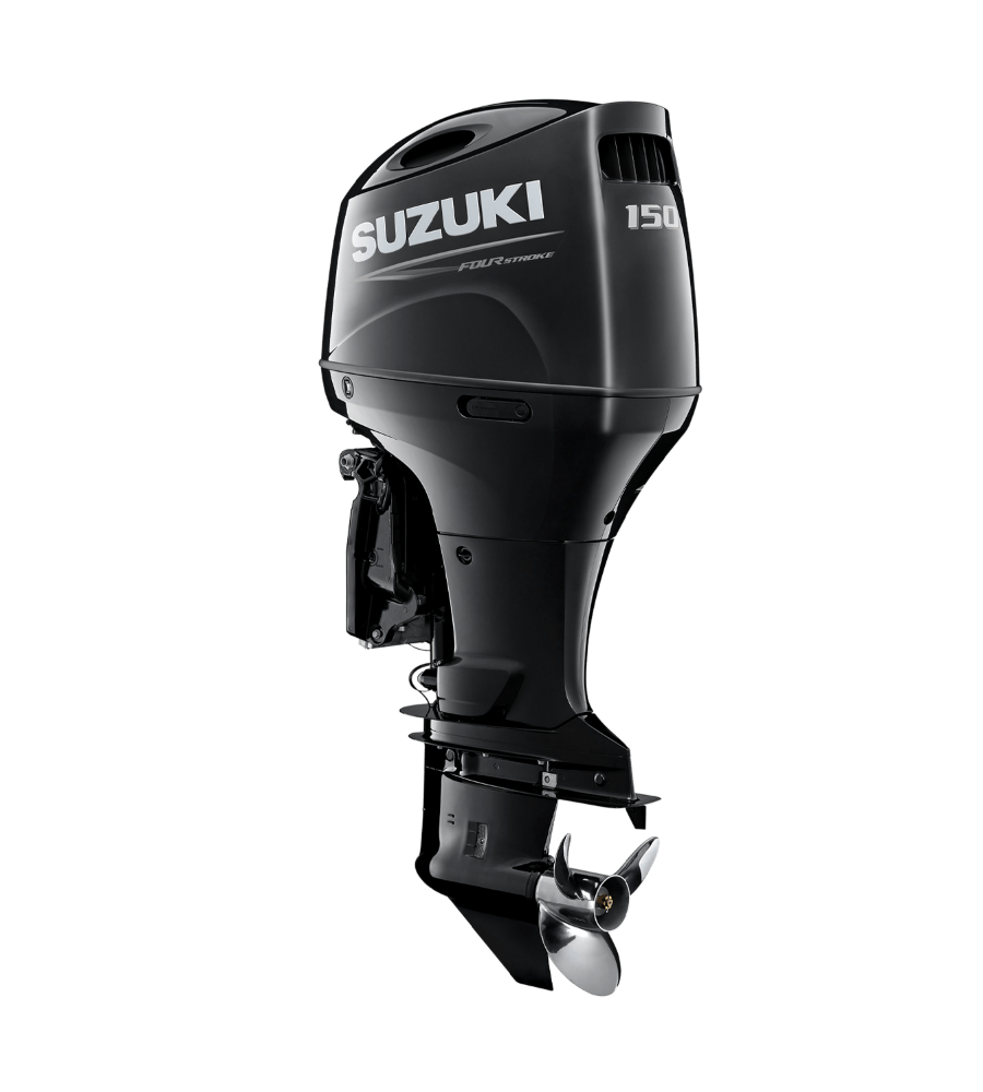 Black Suzuki 15 HP outboard boat motor on a white background