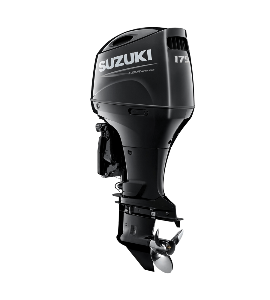 Black Suzuki 175 outboard boat motor on a white background