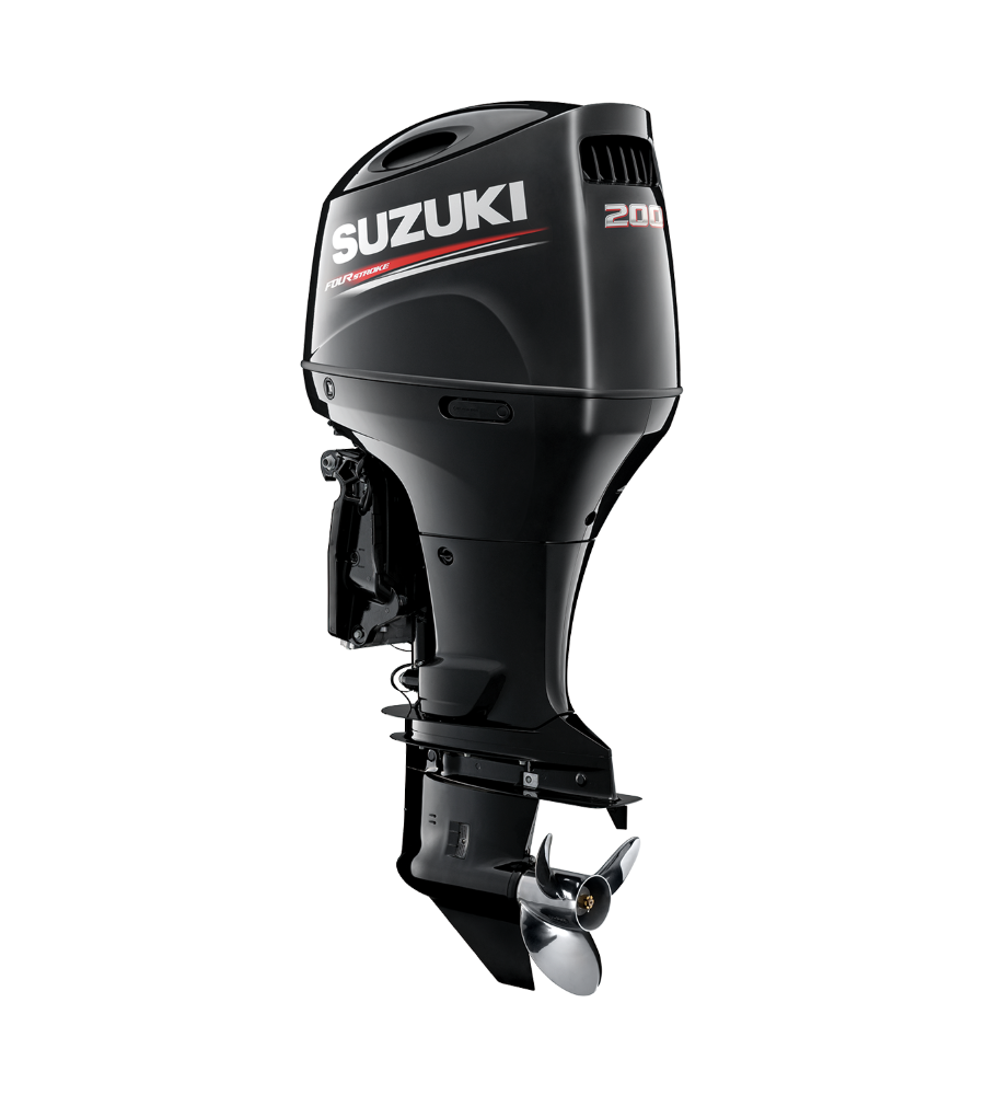 Black Suzuki outboard boat motor on a white background