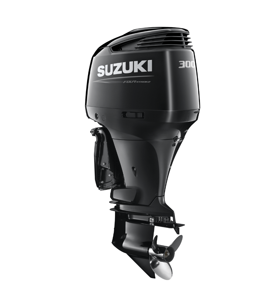 Black Suzuki 30 outboard boat motor on a white background