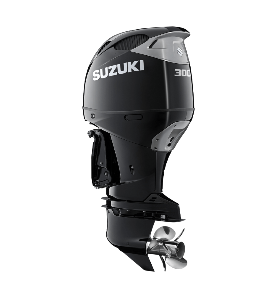 Black Suzuki 300 outboard boat motor on a white background