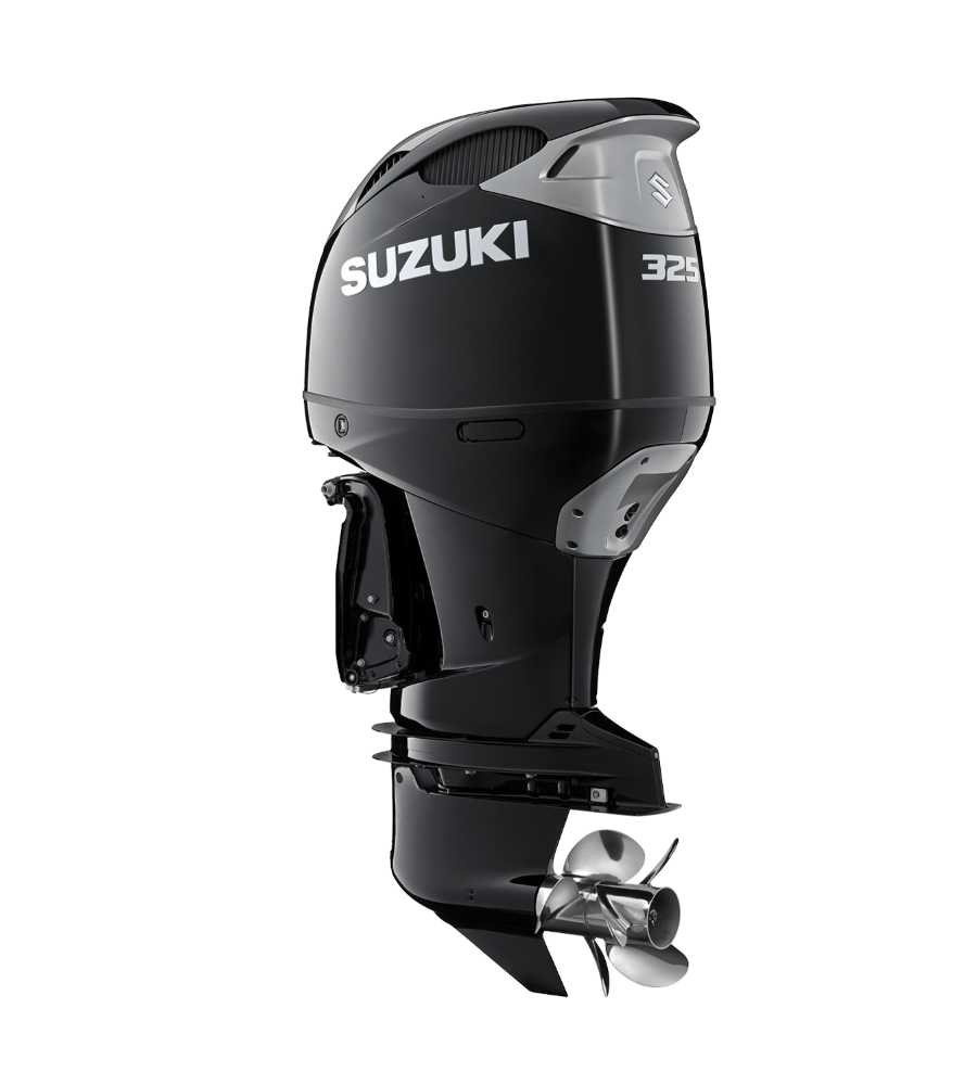 Black Suzuki outboard motor on a white background