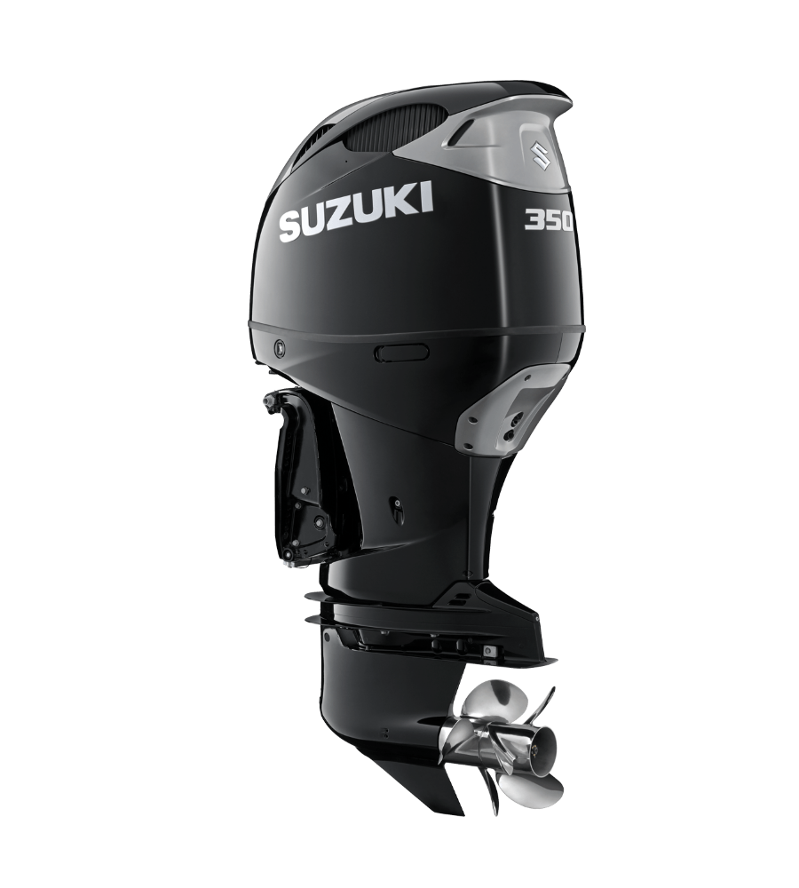 Black Suzuki 300 outboard motor on a white background