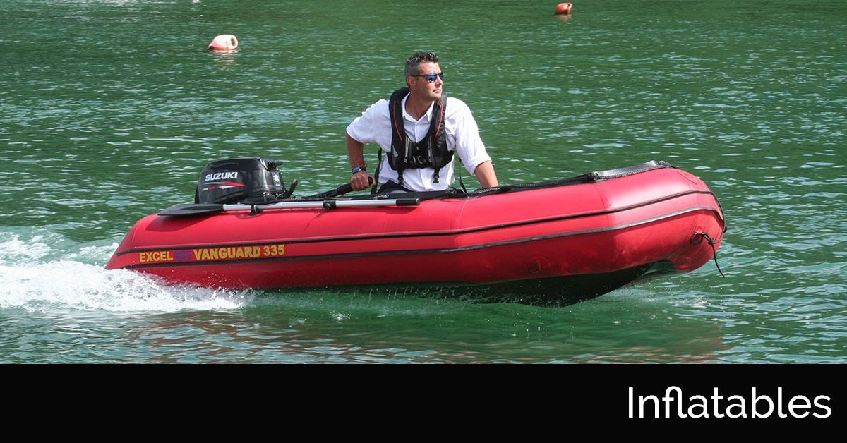 Person riding a red inflatable boat on green water with a small outboard motor