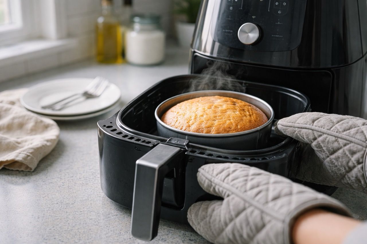 Freshly baked cake in cake tin coming out of air fryer on kitchen counter