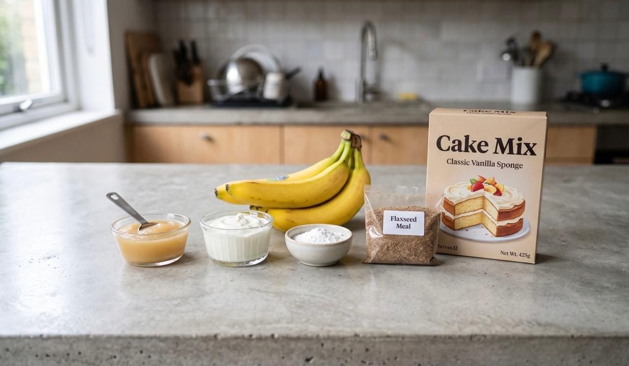 A top down view of a light gray concrete kitchen counter with a box of commercial cake mix next to bowls of applesauce yogurt banana and flaxseed meal ingredients for alternative baking.