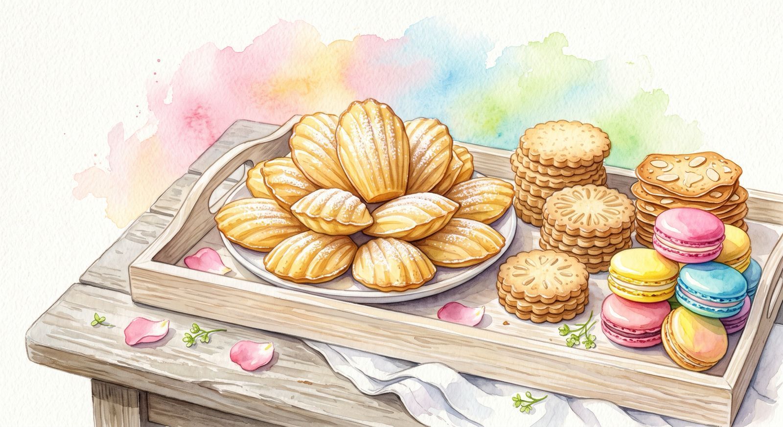 Madeleines and other classic french bakes arranged neatly on a wooden tray