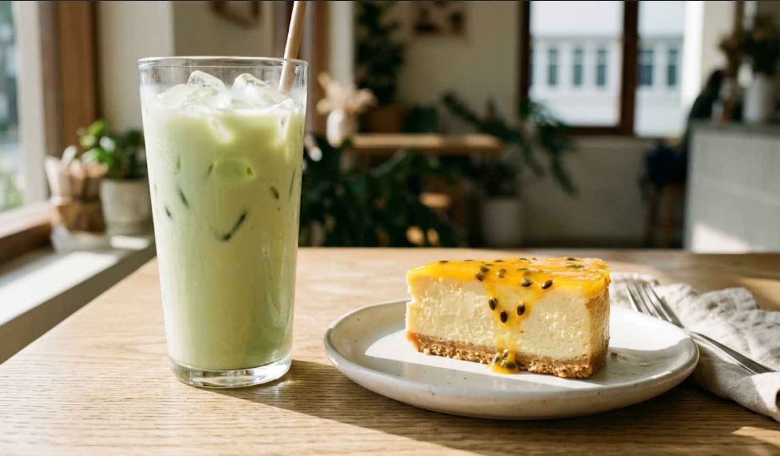An eye-level photograph of a tall glass of icy, pastel-green jasmine milk tea with a paper straw next to a vibrant slice of passionfruit cheesecake with a crumb crust on a matte-white plate, set on a sunlit wooden table by a window