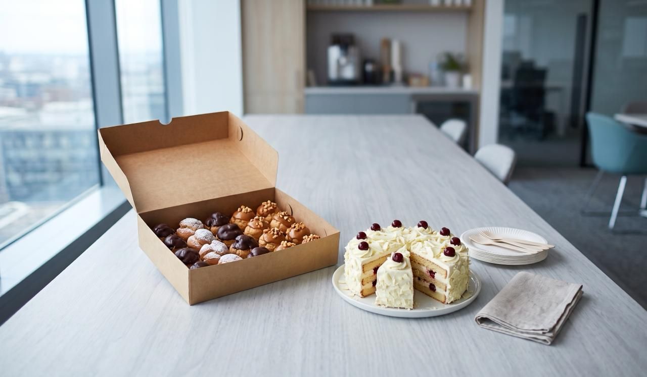 A curated assortment of celebratory cakes and dessert boxes arranged on an office breakroom bench for a team celebration