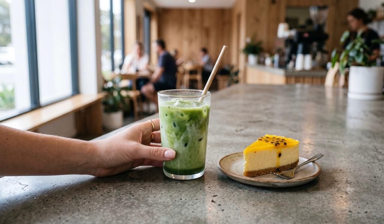 a glass of cold creamy matcha latte, beside it is a slice of passionfruit cheesecake on a ceramic small plate