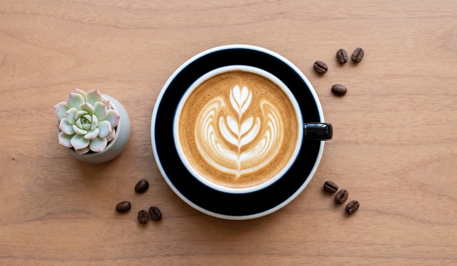 An overhead, flat-lay photograph of an espresso cup. Beside it is a small succulent and on the table are roasted coffee beans scattered randomly on the table to give that aesthetic commercial photograph look.