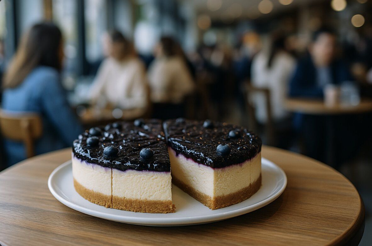 blueberry cheesecake on a white ceramic plate set on a wooden table inside a cool ambience coffee shop