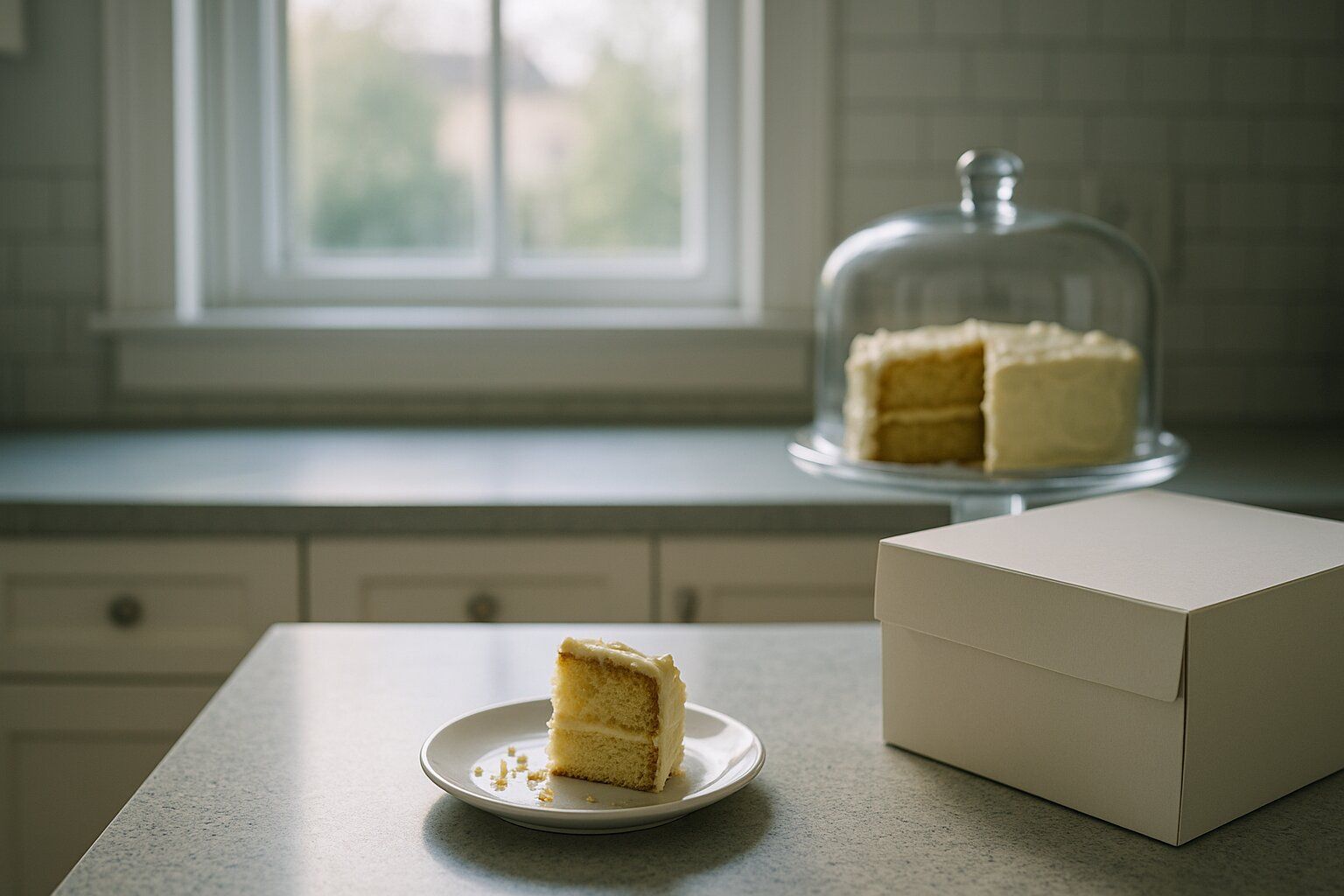 Slice of cake on plate with cake box on kitchen bench in soft afternoon light