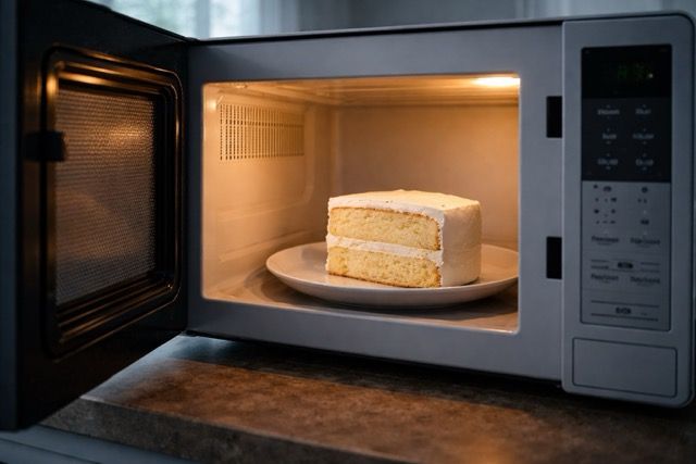 Slice of cake being reheated in microwave in a home kitchen