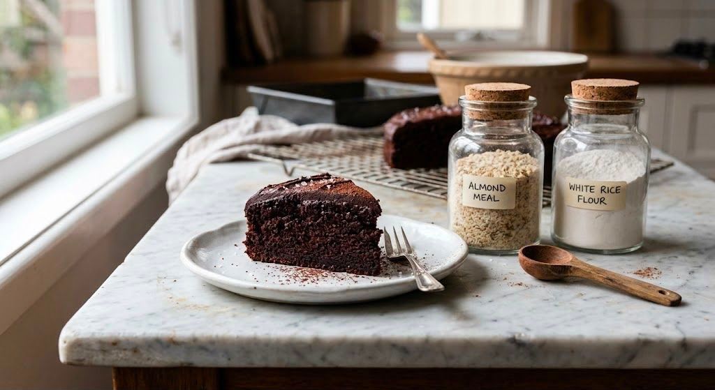 A close-up photograph of a slice of rich chocolate cake on a white ceramic plate with a small fork. Next to the plate are two labeled glass jars containing 