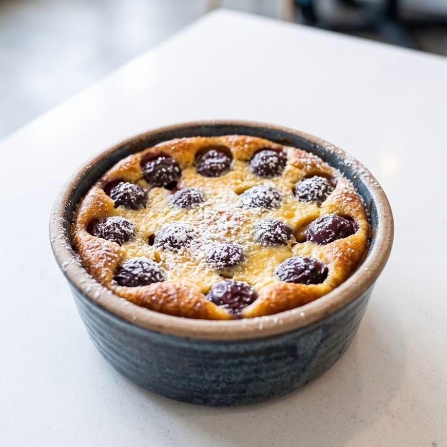 freshly bakes clafoutis served in a ramekin