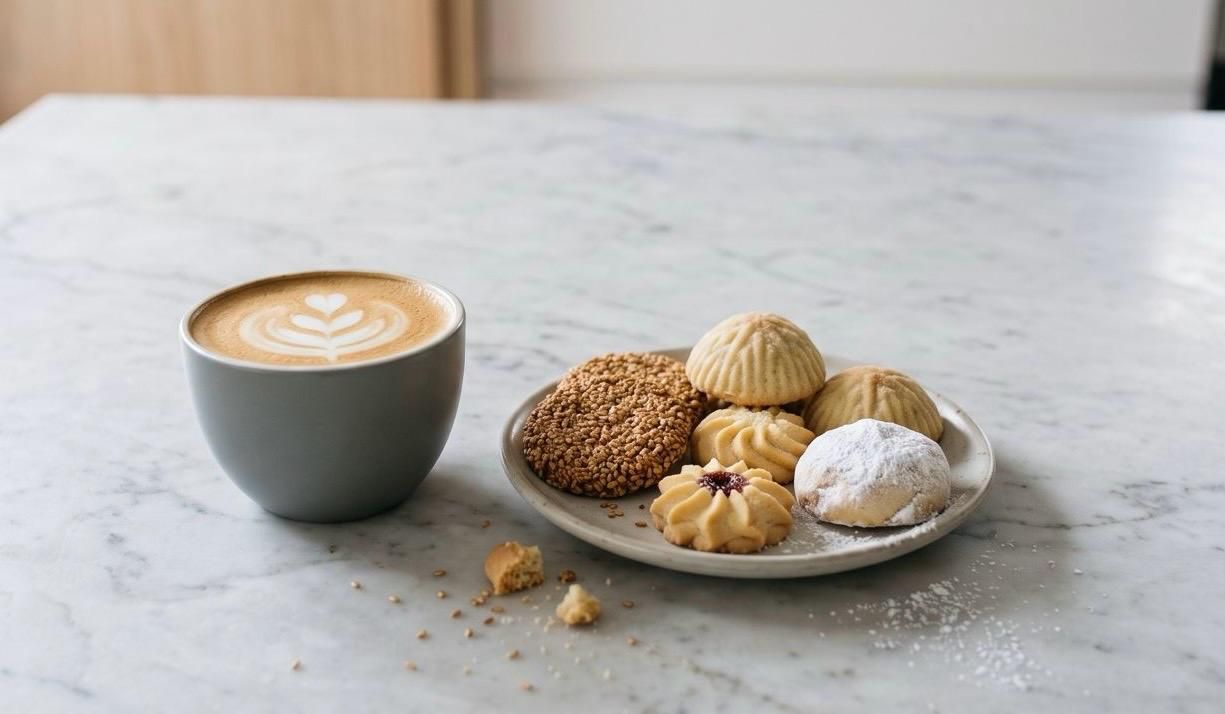 A cup of flat white coffee with delicate latte art in a matte grey ceramic cup beside a small plate of assorted biscuits—including sesame barazek, maamoul, and powdered sugar-dusted almond cookies—set on a pale marble kitchen bench in soft natural light.