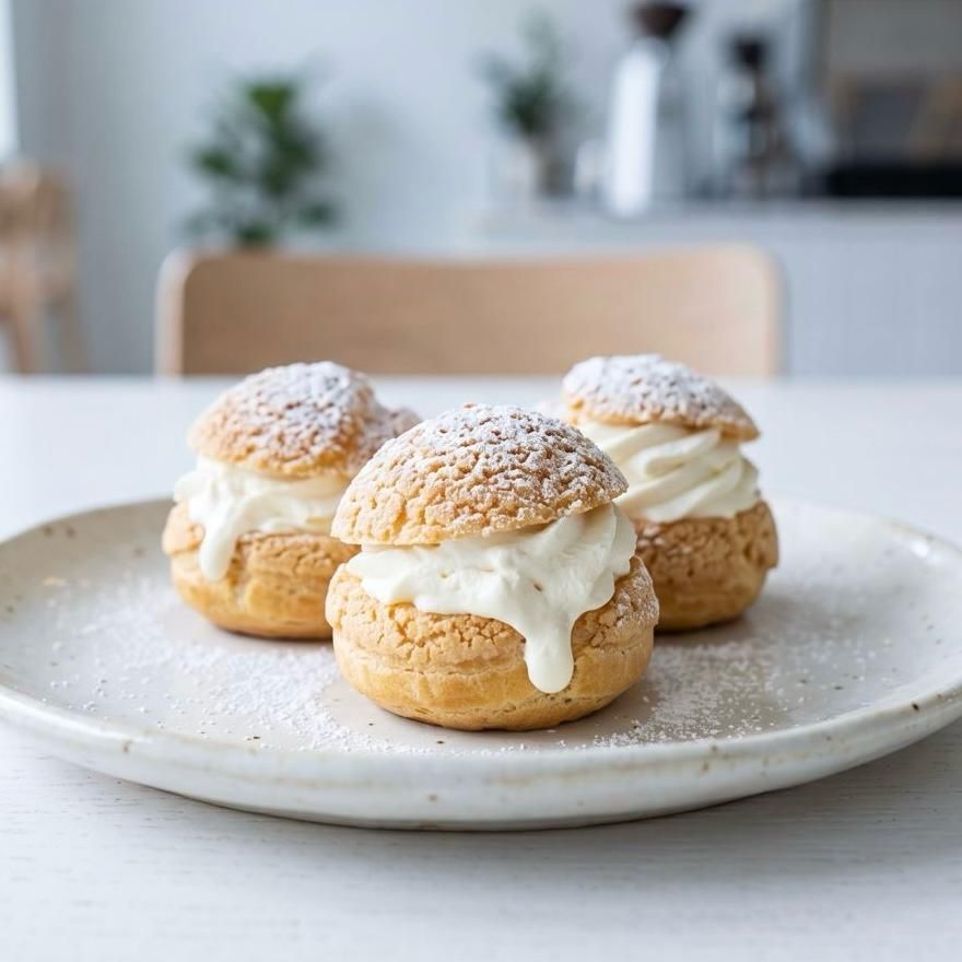 three cream puffs on a white plate