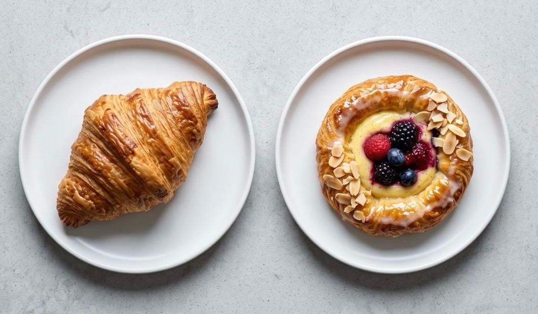 Overhead flat lay view of a sliced golden croissant showing its honeycomb interior next to a fresh custard and fruit Danish pastry on ceramic plates