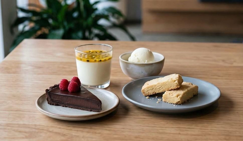 A relaxed dessert spread on a light brown wooden table in soft natural window light, featuring a slice of dark chocolate ganache tart topped with fresh raspberries, a glass of vanilla panna cotta with passionfruit pulp, a chilled scoop of vanilla gelato, and three golden shortbread fingers on a matte grey plate.