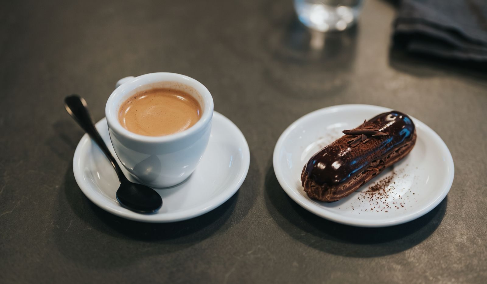 a cup of espresso and a single serving of ecclair served side by side