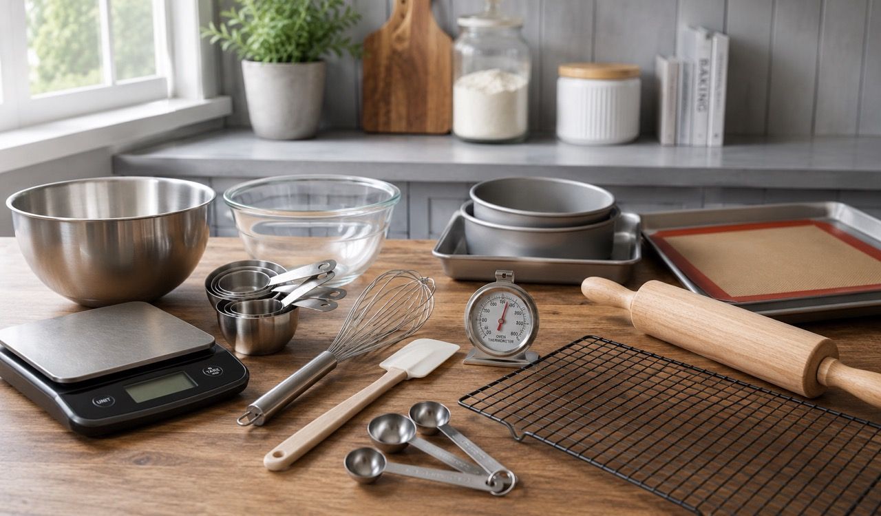 Essential baking tools arranged on kitchen counter for beginner home bakers