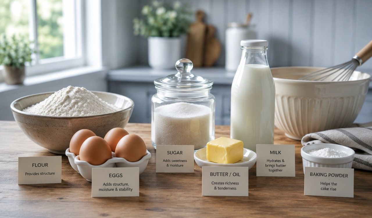 Six essential cake ingredients arranged on kitchen counter ready for baking