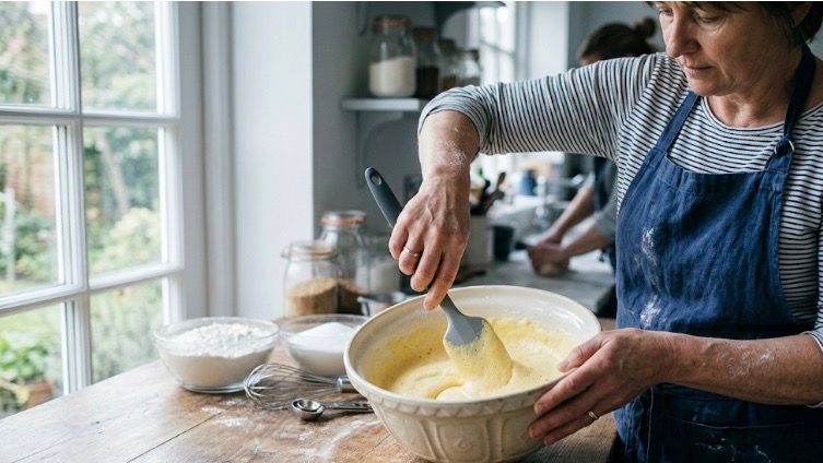 an experienced female baker wearing a blue apron is folding a batter mixture in a bowl