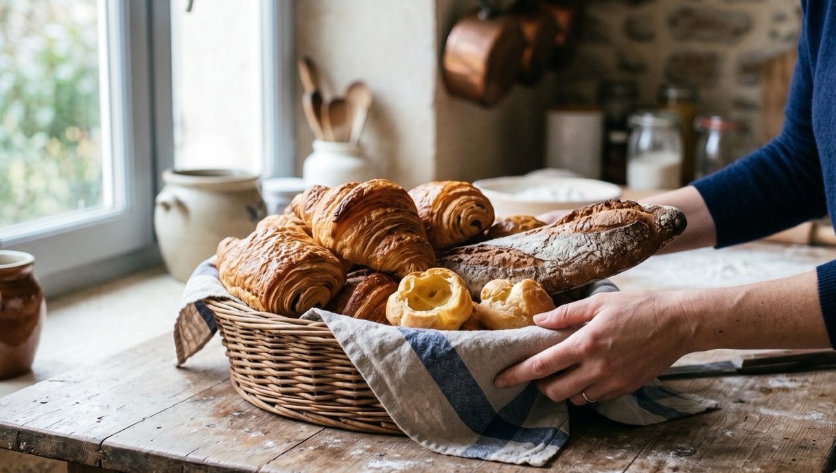 A rustic woven wicker basket overflowing with fresh French artisanal bakes, including a crusty flour-dusted baguette, flaky golden croissants, and choux pastries.