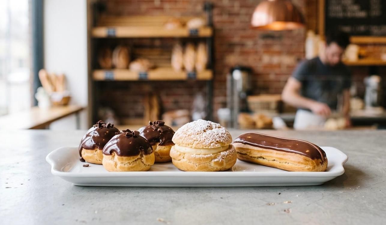 A high-detail photograph inside a warm artisan bakery, showing a white ceramic platter holding five golden French choux pastries: three chocolate-drenched profiteroles, one powdered cream puff, and one glossy chocolate eclair.