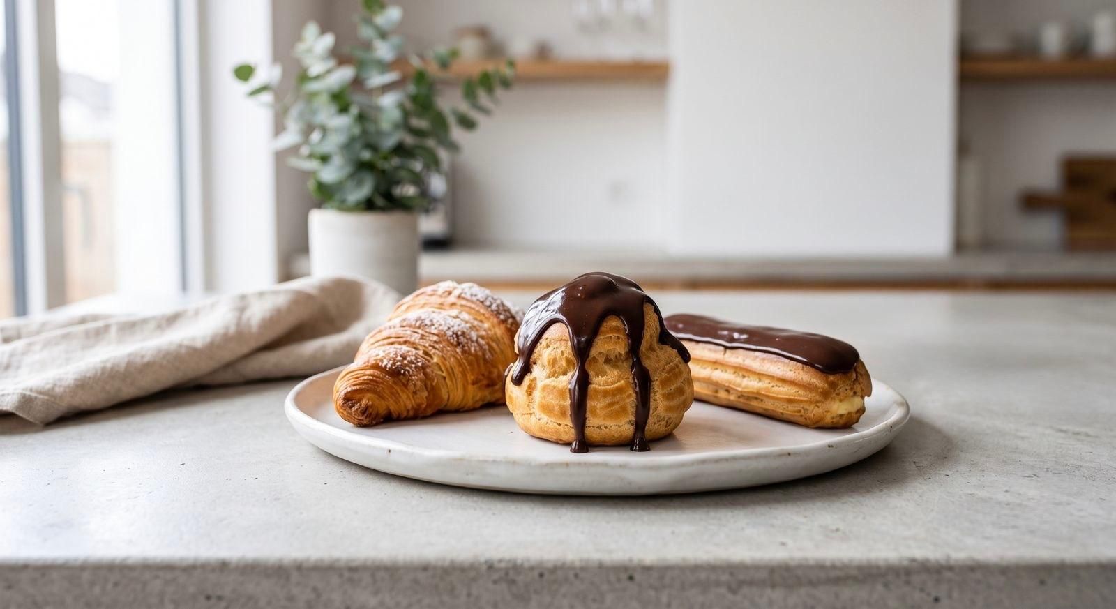 A close-up photograph of a white ceramic plate holding a chocolate-drizzled choux pastry, a powdered sugar-dusted croissant, and a chocolate-glazed eclair on a modern, sunlit kitchen counter.
