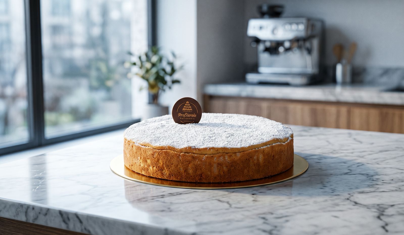 Freshly baked round sponge cake heavily dusted with powdered sugar and topped with a chocolate