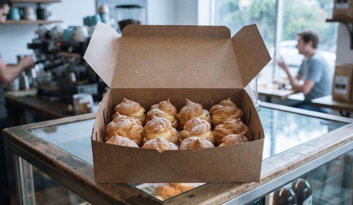 An open cardboard bakery box filled with dozen fresh, golden-brown cream puffs lightly dusted with powdered sugar, sitting on top of a glass display case in a bustling coffee shop. A barista works in the blurred background.