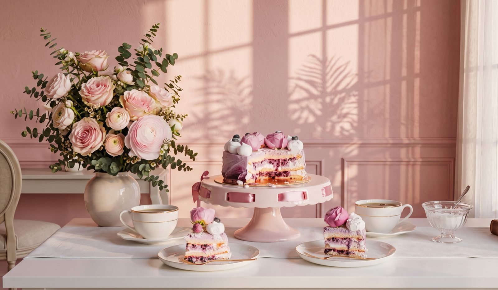 Sliced berry layer cake decorated with blush roses and meringues on a pedestal stand, served alongside porcelain teacups and a fresh floral bouquet on a white table in soft morning daylight.