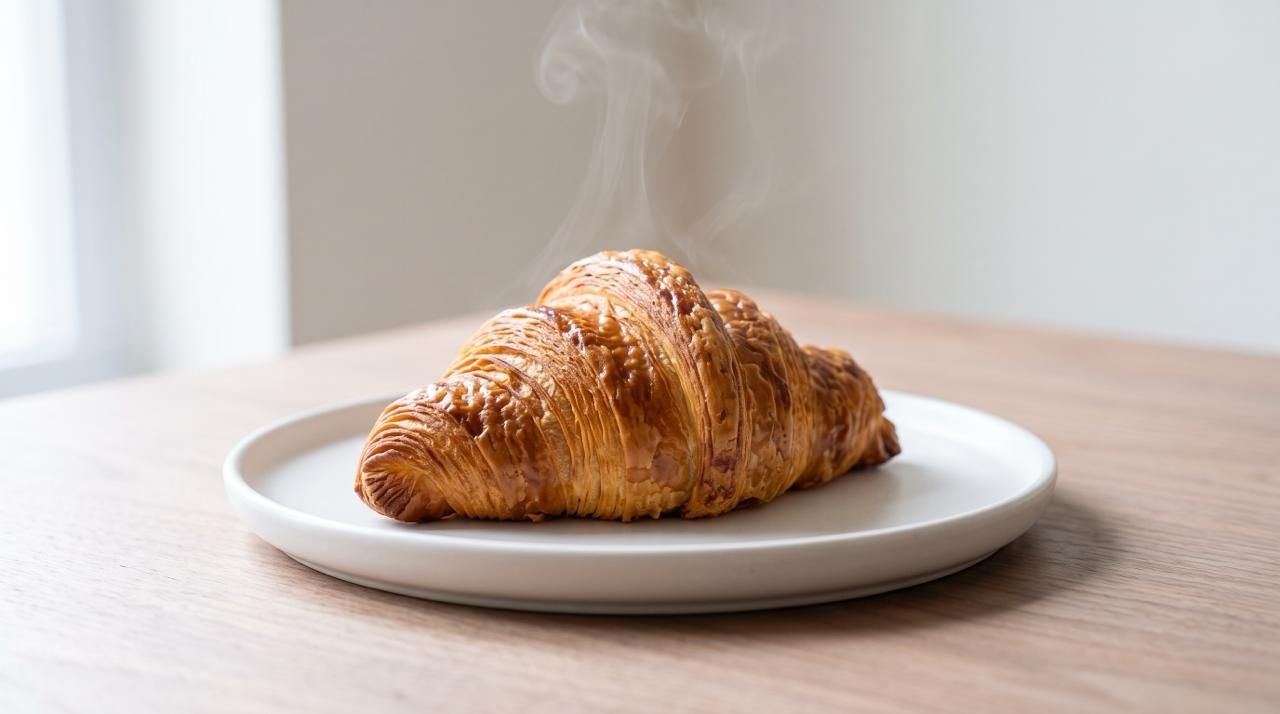 Close up of a freshly heated golden croissant with subtle steam on a white ceramic plate atop a walnut table in soft daylight