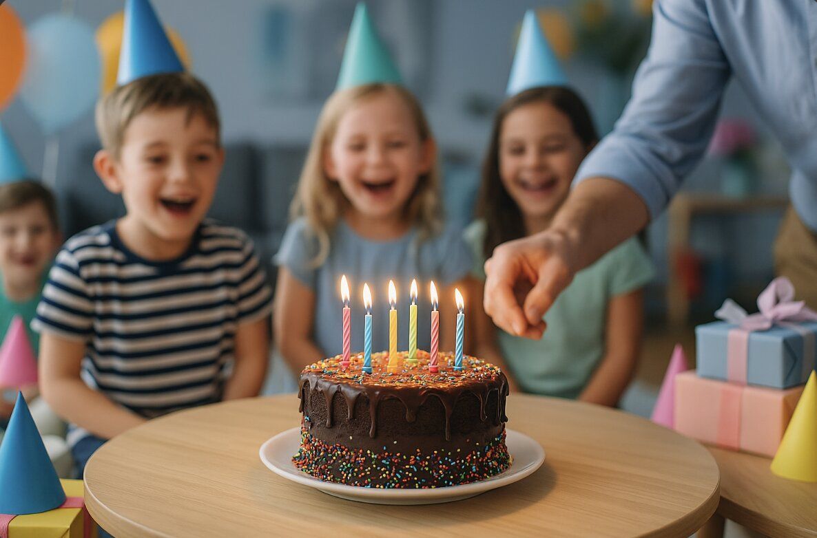A brightly decorated chocolate cake with colourful sprinkles and candles on a round table at a kids’ birthday party, surrounded by laughing children with balloons and gifts in the background.
